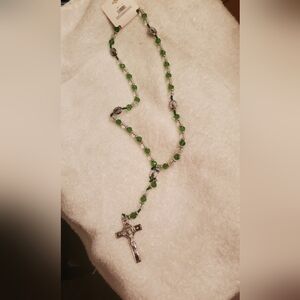 Green Beaded Rosary Necklace with Silver Cross/ Religious Statement Piece